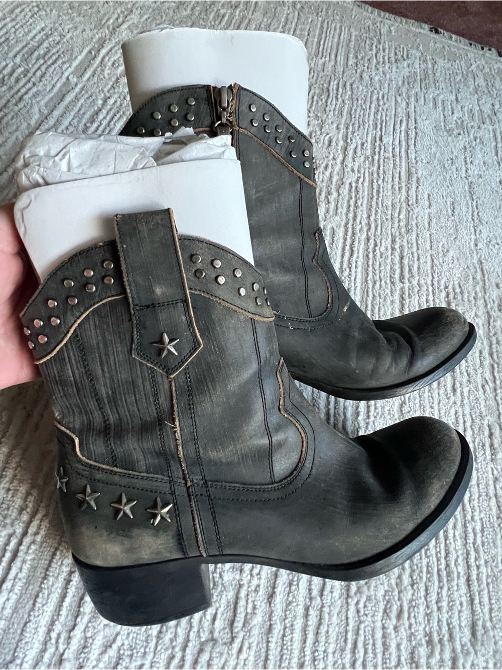 Guess Studded Western Ankle Boots - Distressed Black